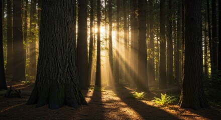 Majestic Forest Sunlight Rays Through Tall Trees