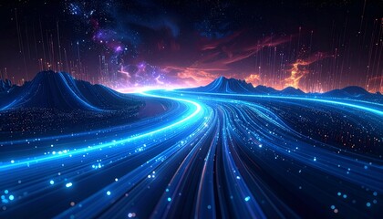 Glowing blue energy path winds through a fantastical landscape beneath a starry, colorful sky