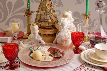 Naklejka premium beautifully decorate the table with dishes for a festive New Year's backdrop