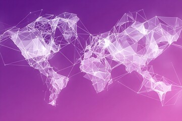 Abstract Polygonal World Map on Gradient Purple Background Network Connections Representing Global Technology and Communication High Tech Design for Presentations