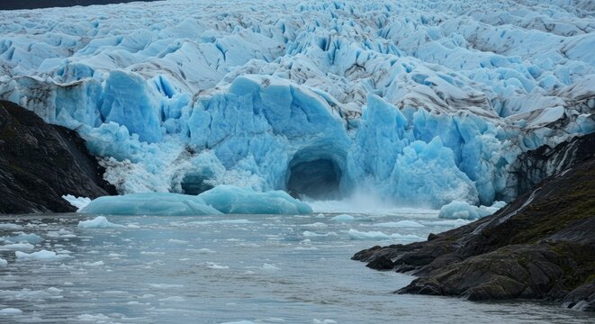 Majestic Glacier Face with Icebergs and Cave Entrance
