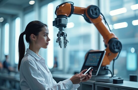 Young woman engineer uses smartphone to operate robotic arm in modern factory. She monitors digital screen for automation tasks in smart industry production. Future tech.
