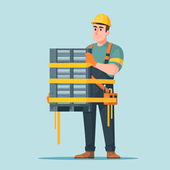 A worker securing a load with straps in a construction scene