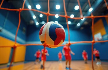 Volleyball flies towards net during indoor match. Players in red uniforms on court. Team sports competition, active game in gym. Action happens in sports hall.