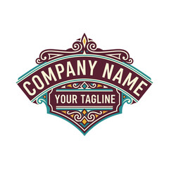 Elegant vintage style logo template with ornate details and banners.