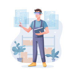 Logistic worker in warehouse interacting with augmented reality interface