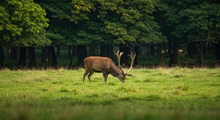 Fototapeta premium Majestic Red Deer Stag Grazing in Lush Green Meadow