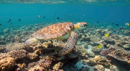 Obraz premium Majestic Sea Turtle Glides Through Vibrant Coral Reef Ecosystem