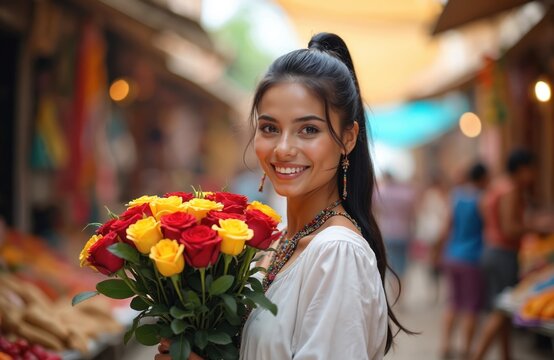 Young mexican woman holds red and yellow roses smiling in market. Beautiful person wears white blouse, colorful necklace. Lifestyle, culture, beauty, shopping.