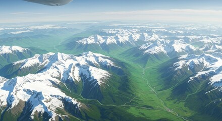 Majestic Snow-Capped Mountains and Green Valleys from Above