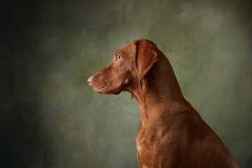 A Vizsla gazes to the side with an inquisitive and thoughtful expression, its ears slightly perked. The soft green background enhances the depth of the portrait.