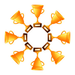 A circular frame made of trophies in gold colors. The trophies are arranged symmetrically, creating a decorative wreath like design.