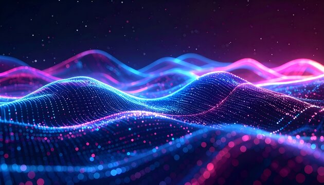 Abstract digital landscape with glowing undulating waves in vibrant blue and pink