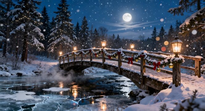 Frozen creek under starry sky, glowing lanterns on bridge