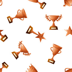 Seamless pattern of trophies and medals in a bronze color on a white background. Various trophy shapes and star designs are scattered throughout the pattern.
