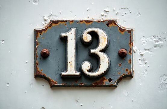 Rusty metal house number thirteen. Old address sign with digit 13 on weathered wall texture. Retro numeral plate shows home location detail.