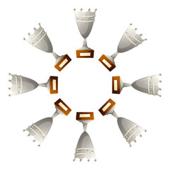 A circular frame made of trophies in silver. The trophies are arranged symmetrically, showcasing their distinct colors and shapes.