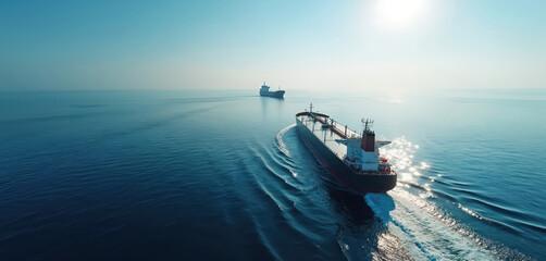 Large tanker cruises on calm blue ocean. Commercial cargo ship sails. Another vessel transports fuel or oil. Maritime global trade, supply chain logistic concept. Shipping industry in skyline horizon.