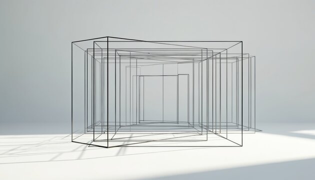 Minimalist 3D render of abstract wireframe structure. Geometric object with layers of black lines on neutral background. Digital illustration architectural concept, tech framework, modern design