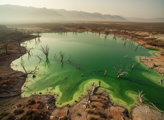 Green polluted lake with dead trees in arid landscape