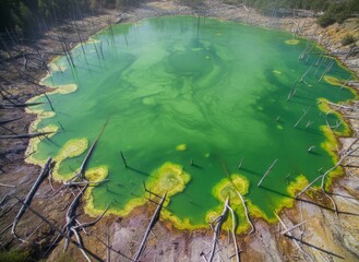 Geothermal hot acid lake, dead trees in yellowstone