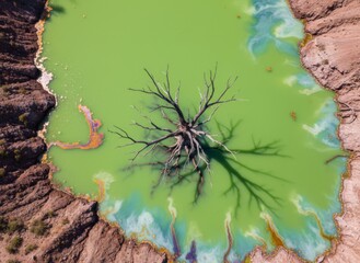 Dead tree submerged in toxic polluted green lake