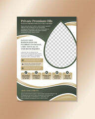 Oil Flyer Design Template. example of headline is private premium oils. water drop shape for photo space. gold and green gradient on decoration element. information graphic use text and icon. 