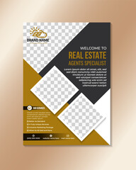 real estate business flyer template, black and gold color combination. vector illustration design for real estate agent specialist. diagonal square for photo space. vertical layout brochure.