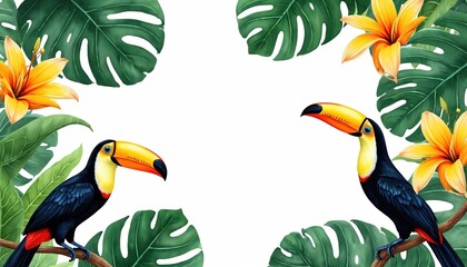 Obraz premium Watercolor illustration of two toucans sitting on tree branches framed by exotic leaves and bright yellow flowers. Tropical birds with rich plants and floral elements for design background.