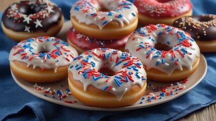 American festive donuts, vanilla glaze with red, white, and blue sprinkles, mp4 video. AI