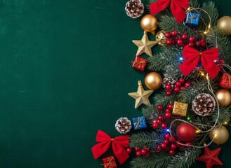 Christmas ornaments and fir branches creating festive border