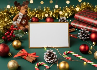 Blank greeting card with festive christmas decorations on green