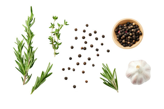 A arrangement of fresh herbs including rosemary and thyme. accompanied by black peppercorns in a bowl and a garlic bulb. set against a clean white background. ideal for culinary use