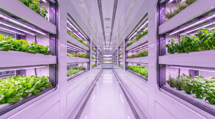 Hyper-realistic animation futuristic indoor vertical farm corridor with purple grow lights