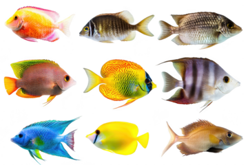 A collection of various tropical fish unique colors and patterns. swimming gracefully against a clean white background. ideal for educational or decorative purposes
