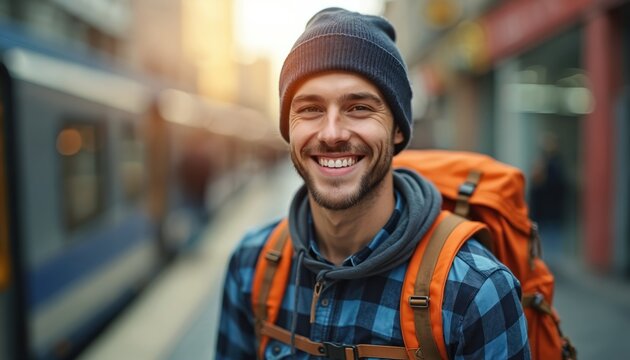 Smiling traveler with backpack near train. Bearded man enjoys trip. Guy with orange bag wearing blue shirt, grey hoodie, beanie. Positive vibes, travel lifestyle. Solo exploring new city adventure.