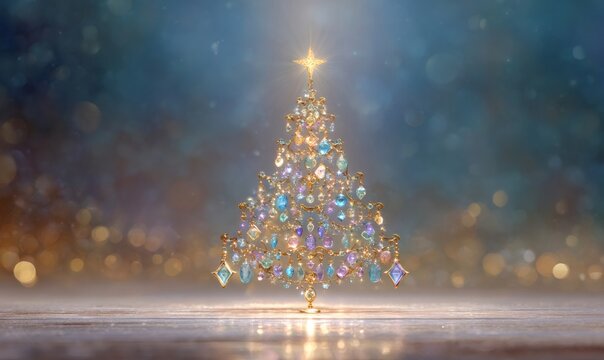 Festive christmas tree showcasing shimmering gold and blue jewelry, adorned with sparkling gems and a bright star on top, against a bokeh background