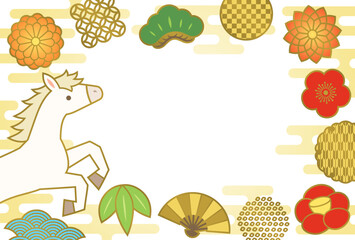 跳ねる白馬と和風の飾りのフレーム