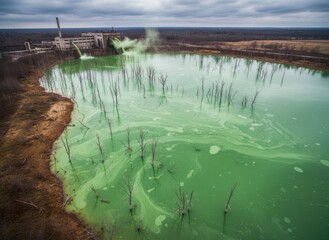 Industrial factory polluting toxic green water with dead trees