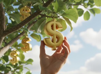 Hand harvesting golden dollar symbols from a money tree