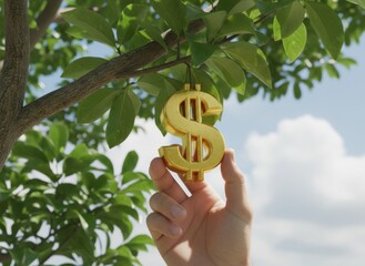 Hand picking golden dollar sign from a money tree