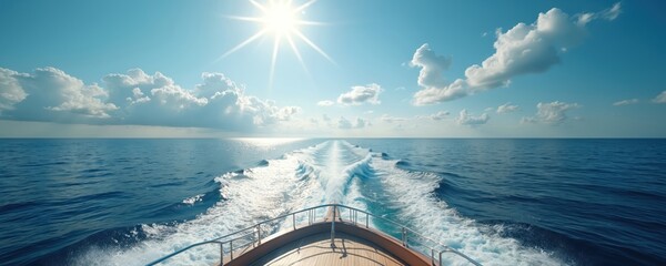 Yacht sailing on calm ocean water with blue sky. Luxury cruise ship sailing creating sea foam trail. Summer vacation on a private boat for holidays. Journey on motorboat under sunshine.