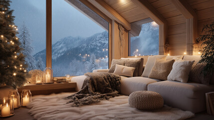 Cozy cabin interior with snowy mountain view. Perfect for winter getaway promotions, nature themed designs, and cozy home decor concepts.