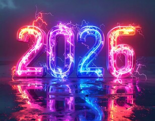 Glowing neon numbers 2026 with lightning effect on reflecting surface