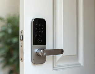 Naklejka premium Modern smart lock on white door with keypad and handle. Digital door lock with touchscreen and numeric keypad for secure keyless entry. Electronic lock system for home or office.