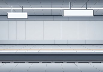 A modern metro station platform with blank signs above for customization