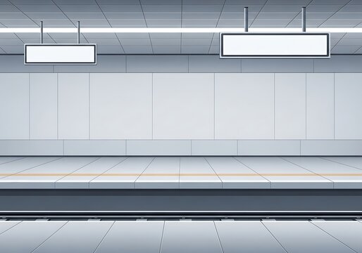 A modern metro station platform with blank signs above for customization