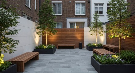 Obraz premium Modern Urban Courtyard with Lush Greenery and Seating