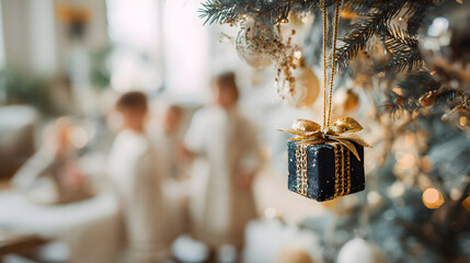 Small black gift box hanging on Christmas tree with family background