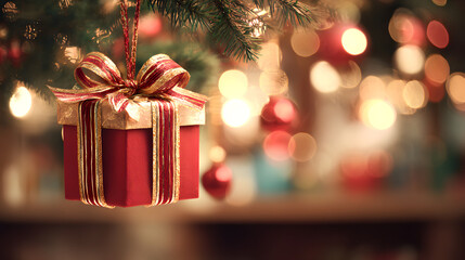 Small red gift box hanging on Christmas tree with family background